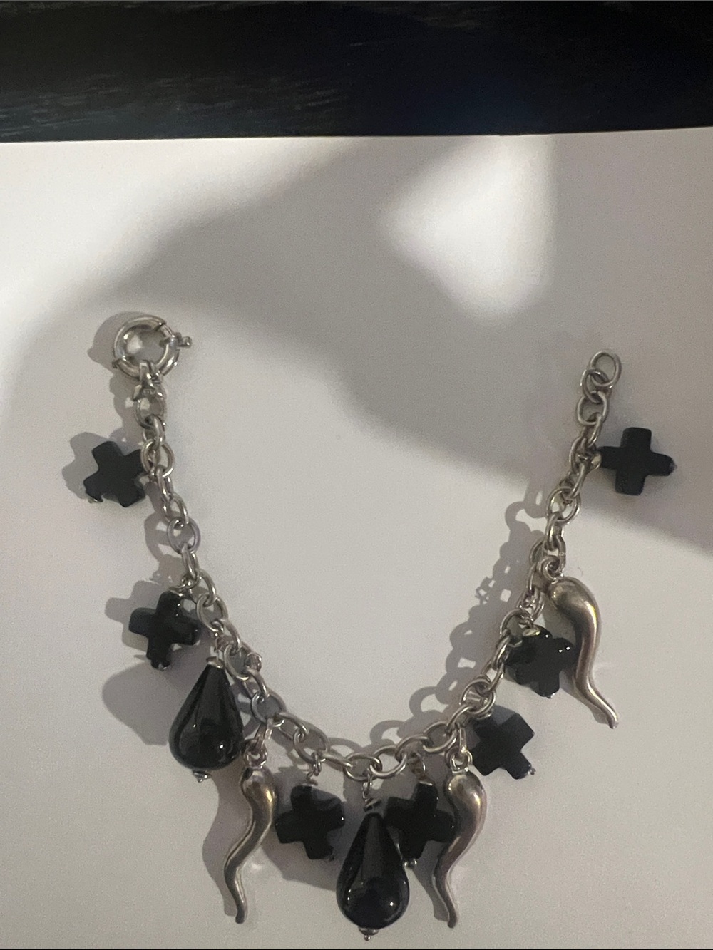 Black Onyx Charm Bracelet - Silver Chain 925